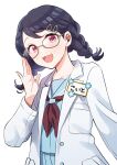  1girl adjusting_eyewear artist_request black_hair braid commentary_request fangs fukumaru_koito glasses hair_ornament hairclip highres idolmaster idolmaster_shiny_colors labcoat long_hair long_sleeves looking_at_viewer low_twin_braids open_mouth purple_eyes school_uniform serafuku skin_fangs solo twin_braids twintails upper_body white_background 