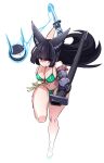  1girl animal_ears bare_shoulders bikini black_hair breasts fox_ears green_bikini highres holding holding_sword holding_weapon hoshimi_miyabi katana knife large_breasts lazy_ant long_hair navel red_eyes simple_background solo swimsuit sword tailless_(zenless_zone_zero) thighs weapon white_background zenless_zone_zero 
