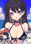  2girls aroused_nosebleed bang_dream! bang_dream!_it&#039;s_mygo!!!!! bikini black_bikini black_choker black_hair blood blush breasts brown_hat chinese_commentary choker commentary_request earrings hat jewelry large_breasts long_hair mixed-language_commentary mole mole_under_eye multiple_girls nosebleed open_mouth purple_eyes shiina_taki single_earring swimsuit taking_picture yahata_umiri zhong_xiansheng 