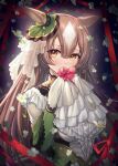  1girl alt_text animal_ears blush brown_eyes brown_hair commentary_request double-parted_bangs ear_ornament frilled_shirt frills green_jacket hair_between_eyes highres horse_ears horse_girl jacket long_hair long_sleeves looking_at_viewer mirukurim multicolored_hair satono_diamond_(umamusume) shirt sleeves_past_fingers sleeves_past_wrists solo umamusume very_long_hair white_shirt 