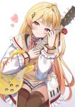  1girl :3 ahoge beamed_eighth_notes blonde_hair brown_dress brown_eyes brown_sailor_collar brown_thighhighs buttons center-flap_bangs closed_mouth commentary_request double-breasted double-parted_bangs dress eighth_note electric_guitar frilled_jacket frills guitar hair_ornament hair_ribbon hairclip head_tilt highres holding holding_instrument hololive hololive_dev_is instrument jacket kneeling knees_out_of_frame long_hair long_sleeves looking_at_viewer musical_note musical_note_hair_ornament neck_ribbon one_side_up otonose_kanade otonose_kanade_(1st_costume) piano_print plaid_clothes plaid_dress red_ribbon ribbon sailor_collar shirt sidelocks simple_background solo thigh_strap thighhighs very_long_hair virtual_youtuber white_background white_jacket white_shirt yoshidadon 