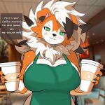1:1 2025 anthro apron apron_only beverage big_breasts blush breasts canid canine claws clothed clothing coffee dialogue digital_media_(artwork) dusk_lycanroc english_text evaacii fangs female fur generation_7_pokemon green_eyes hair hi_res huge_breasts i_mean_breast_milk looking_at_viewer lycanroc mammal master meme milk neck_tuft nintendo orange_body orange_fur pokemon pokemon_(species) pokemorph smile solo suggestive teeth text tuft white_body white_fur white_hair wide_hips