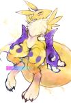  1girl :&lt; adversarial_noise animal_ears animal_feet animal_hands animal_nose arms_at_sides artist_name barefoot black_sclera blue_eyes body_fur bridal_gauntlets claws cleft_of_venus closed_mouth colored_sclera commentary_request digimon digimon_(creature) english_commentary facial_mark feet fox_ears fox_girl fox_tail full_body furry furry_female highres leg_tattoo looking_afar mixed-language_commentary navel neck_fur nude pussy renamon signature sitting snout solo split_mouth stomach tail tattoo thick_thighs thighs thwillartz tow-tone_fur twitter_username uncensored white_fur wide_hips yellow_fur yin_yang 