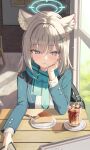 1girl absurdres animal_ear_fluff animal_ears aqua_necktie aqua_scarf black_coat blue_archive blue_eyes blue_halo blush cake cake_slice cheesecake closed_mouth coat cross cross_hair_ornament cup drinking_glass extra_ears food food_on_face grey_hair hair_intakes hair_ornament halo highres ice ice_cube inverted_cross light_particles looking_at_viewer mismatched_pupils mixed-language_commentary necktie pipi_ya scarf shiroko_(blue_archive) shirt short_hair sidelighting solo white_shirt wolf_ears wolf_girl 