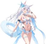  1girl animal_ears arm_garter bare_shoulders bikini black_choker blue_eyes breasts choker cleavage commentary cowboy_shot extra_ears flower fox_ears frilled_bikini frills fuuro_(johnsonwade) hair_flower hair_ornament halterneck hand_up innertube long_hair looking_at_viewer medium_breasts multi-strapped_bikini_bottom navel open_mouth original simple_background smile solo stomach string_bikini swim_ring swimsuit thighs white_background white_bikini white_hair 