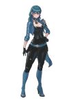  1girl absurdres alternate_costume aqua_belt aqua_jacket armor belt black_choker black_gloves black_pants blue_eyes blue_hair blue_jacket blush bodice breasts choker cleavage closed_eyes closed_mouth collarbone cosplay cropped_jacket emmettart female_byleth_(fire_emblem) fire_emblem fire_emblem:_three_houses gloves green_belt green_jacket hair_between_eyes hand_on_own_hip highres jacket large_breasts lips long_hair looking_at_viewer pants pauldrons pink_lips shamir_nevrand shamir_nevrand_(cosplay) shoulder_armor simple_background single_pauldron skin_tight smile solo white_background 