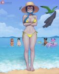  1boy 4girls ^^^ absurdres afloat arms_under_breasts asphyxiation assisted_exposure barefoot beach beast_boy_(dc) bikini bird black_hair blue_bikini blue_sky breasts bumblebee_(dc) cleavage closed_eyes cloud colored_skin commentary constricted_pupils crossed_arms dark-skinned_female dark_skin day dc_comics dismaiden domino_mask double_bun drowning english_commentary feet flying forehead_jewel full_body grey_skin hair_bun hat headscarf heart highres innertube insect_wings jinx_(dc) large_breasts looking_at_viewer mask medium_breasts multiple_girls navel ocean outdoors patreon_logo pink_hair purple_hair raven_(dc) red_hair robin_(dc) seagull shore side-tie_bikini_bottom silkie_(dc) sky smile solo_focus spiked_hair standing starfire sun_hat swim_ring swimsuit teen_titans toes twitter_username water wings yellow_bikini 