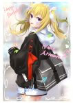  1girl absurdres arimura_hinae back bare_legs black_hoodie blonde_hair blue_eyes casual chaos;child character_name from_behind hair_ribbon happy_birthday highres hood hoodie long_sleeves looking_back loose_clothes ribbon science_adventure solo thighs tongue tongue_out twintails two_side_up white_hood yakku 