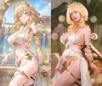  1girl :q adapted_costume aglaea_(honkai:_star_rail) art_vs_artist asian bare_shoulders blonde_hair blue_sky blush breast_tattoo breasts closed_mouth commentary_request cosplay_photo cowboy_shot day dress earrings fingernails green_eyes hair_ornament highres honkai:_star_rail honkai_(series) jewelry large_breasts looking_at_viewer machi_(machi0910) medium_hair nail_polish one_eye_closed paid_reward_available photo_(medium) real_life short_sleeves sideboob sky smile solo tattoo tongue tongue_out twitter_username wet white_dress yellow_nails yellow_sleeves 
