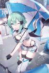  1girl ;d alternate_costume aqua_eyes aqua_hair black_gloves black_thighhighs boots breasts cleavage confetti cropped_vest gabiran gloves hair_between_eyes hair_ornament hairclip half_gloves holding holding_umbrella leaning_forward looking_at_viewer navel one_eye_closed outdoors race_queen short_hair short_shorts shorts sinon small_breasts smile sword_art_online thigh_boots thighhighs thighhighs_under_boots umbrella vest white_boots 