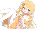  1girl :d blonde_hair blush borrowed_character bow collared_shirt commentary contrast_collar double-parted_bangs feet_out_of_frame food food-themed_hair_ornament fruit hair_ornament highres holding holding_food holding_fruit long_hair looking_at_viewer open_mouth orange_(fruit) orange_hair_ornament orange_skirt original pantyhose shirt simple_background skirt smile solo striped_bow three-quarter_sleeves urotsuki_(ku9625) white_background white_bow white_pantyhose white_shirt yellow_eyes 