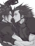  2boys armor bangs black_hair blue_eyes blush crisis_core_final_fantasy_vii earrings final_fantasy final_fantasy_vii final_fantasy_vii_remake gloves greyscale hair_slicked_back hand_on_another&#039;s_shoulder jewelry looking_at_another male_focus medium_hair monochrome multiple_boys muscular muscular_male older parted_bangs parted_lips selfcest shoulder_armor sideburns single_earring sleeveless sleeveless_turtleneck spiked_hair spot_color spykeee suspenders turtleneck white_background younger zack_fair 