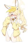  1girl absurdres adjusting_eyewear ame_miya_ta animal_ear_fluff animal_ears bare_shoulders blonde_hair blue_archive bright_pupils collarbone commentary_request covered_navel cropped_legs diamond_cutout drill_hair fox_ears fox_girl fox_tail hair_ornament hair_over_one_eye halo hand_on_eyewear hat hat_ornament highleg highleg_one-piece_swimsuit highres holding holding_microphone jacket long_hair long_sidelocks long_sleeves looking_at_viewer microphone multicolored_eyes off_shoulder official_alternate_costume official_alternate_hairstyle one-piece_swimsuit open_clothes open_jacket parted_lips pink_eyes seia_(blue_archive) seia_(swimsuit)_(blue_archive) side_ponytail sidelocks simple_background slit_pupils smile solo swimsuit tail two-tone_eyes visor_cap wavy_sidelocks white_background white_one-piece_swimsuit white_pupils yellow_eyes yellow_halo yellow_hat yellow_jacket yellow_visor 