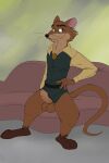  anthro balls belt brown_body brown_eyes brown_fur clothing don_bluth erection feet foreskin fur furniture genitals hi_res justin_(nimh) male mammal murid murine neenya on_sofa pantsless penis rat rodent shirt sitting sitting_on_sofa smile sofa solo the_secret_of_nimh topwear whiskers 