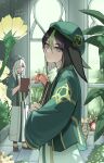  2boys absurdres akademiya_uniform alternate_costume animal_ears black_hair chinese_commentary chuchushotacon clipboard closed_mouth commentary_request cyno_(genshin_impact) flower fox_boy fox_ears genshin_impact green_hair green_jacket greenhouse hair_between_eyes highres holding holding_clipboard hood hood_up indoors jacket long_hair long_sleeves looking_at_viewer male_focus multicolored_hair multiple_boys plant red_eyes robe short_hair standing streaked_hair tighnari_(genshin_impact) white_hair white_robe window writing yellow_flower 
