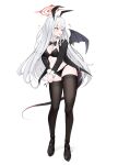  1girl ahoge alternate_costume black_bow black_bowtie black_jacket black_panties black_thighhighs blue_archive blush bow bowtie braid breasts cleavage commentary_request demon_girl demon_tail demon_wings detached_collar floating_hair full_body grey_hair hair_bow hair_intakes halo haruna_(blue_archive) heart highres jacket large_breasts long_hair long_sleeves looking_to_the_side nontraditional_playboy_bunny open_clothes open_jacket open_mouth panties pink_bow red_eyes red_halo side-tie_panties simple_background single_braid single_wing solo standing straight_hair tail thighhighs thighs tsurime umber00 underwear v_arms very_long_hair white_background wings 