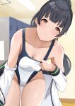  absurdres bare_shoulders black_hair breasts brown_eyes cleavage high_ponytail highres idolmaster idolmaster_shiny_colors indoors jacket leaning_forward long_hair looking_at_viewer mayuzumi_fuyuko one-piece_swimsuit swimsuit thighs track_jacket tukikataumemo white_swimsuit 