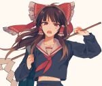  1girl ahoge alternate_costume anger_vein bag black_serafuku black_shirt black_skirt bow brown_hair commentary_request floating_hair frilled_bow frilled_hair_tubes frills glaring gohei hair_bow hair_tubes hakurei_reimu highres holding holding_gohei holding_strap large_bow long_hair long_sleeves looking_at_viewer midriff navel neckerchief nemari_(nemaru_0907) one-hour_drawing_challenge open_mouth raised_eyebrows red_bow red_eyes red_neckerchief sailor_collar sailor_shirt school_bag school_uniform serafuku shirt shoulder_bag simple_background skirt skirt_set solo straight-on touhou upper_body white_background white_sailor_collar winter_uniform 