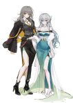  2girls absurdres alternate_costume aqua_dress aqua_hair bag bare_shoulders black_boots black_gloves black_jacket black_skirt boots breasts cleavage closed_mouth collared_shirt dress feather_boa firefly_(honkai:_star_rail) full_body gloves gradient_hair grey_hair hair_ornament hand_on_own_hip high_heel_boots high_heels highres holding holding_bag honkai:_star_rail honkai_(series) jacket jacket_on_shoulders long_hair long_skirt looking_at_viewer meoyo multicolored_hair multiple_girls necktie shirt shoes simple_background sketch skirt smile standing stelle_(honkai:_star_rail) thigh_strap trailblazer_(honkai:_star_rail) unfinished white_background white_shoes yellow_eyes yellow_necktie 