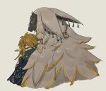  2boys blonde_hair blue_eyes closed_mouth colored_skin commentary_request cropped_torso ears_back frown furry furry_male green_eyes grey_background grey_skin hand_on_another&#039;s_arm kokekokeimo link long_pointy_ears male_focus multiple_boys parted_bangs pointy_ears rauru_(tears_of_the_kingdom) simple_background tassel the_legend_of_zelda the_legend_of_zelda:_tears_of_the_kingdom 