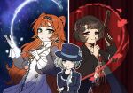  3girls ascot black_coat black_hair black_hat black_vest blue_background blue_bow boater_hat bow checkered_hairband closed_mouth coat collared_shirt drawing_on_air dress feather_dress feather_hair_ornament feathers fingers_to_mouth freckles glass_pen gloves green_eyes grey_eyes gun hair_bun hair_ornament hairband hand_on_own_chin hand_up handgun hands_up haniwa_(retarte_reverse) hat hat_bow highres holding holding_gun holding_pen holding_weapon index_finger_raised light_particles long_hair looking_at_viewer multiple_girls orange_hair parted_lips pen red_background red_dress red_eyes red_feathers reverse:1999 schneider_(reverse:1999) shirt short_hair single_side_bun smile sonetto_(reverse:1999) spotlight stroking_own_chin sweat thinking two-tone_background two_side_up upper_body vertin_(reverse:1999) very_long_hair vest waistcoat weapon white_ascot white_dress white_gloves white_shirt 