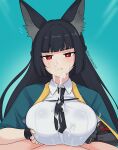  1girl animal_ear_fluff animal_ears aqua_jacket arm_out_of_sleeve black_hair black_necktie blunt_bangs blush breasts breasts_squeezed_together bulge bulge_press clothed_female_nude_male covered_penis cum cum_in_clothes cum_on_body cum_on_breasts cum_on_clothes cum_on_hair cum_string cum_through_clothes cumdrip ejaculation ejaculation_under_clothes erection erection_under_clothes eromagicka facial fingerless_gloves fox_ears fox_girl gauntlets gloves green_jacket highres hoshimi_miyabi jacket large_breasts long_hair looking_at_viewer necktie nude paizuri paizuri_under_clothes penis_to_breast penis_under_another&#039;s_clothes pov pov_crotch projectile_cum red_eyes shirt single_fingerless_glove single_gauntlet straddling_paizuri white_shirt zenless_zone_zero 
