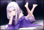  1girl absurdres bare_shoulders barefoot blurry blush camisole closed_mouth depth_of_field emilia_(re:zero) foreshortening frilled_camisole frilled_straps frills full_body grey_hair head_rest highres jellen_aura looking_at_viewer loungewear lying on_bed on_stomach pajamas pointy_ears purple_eyes re:zero_kara_hajimeru_isekai_seikatsu smile solo 