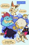 abdominal_bulge ambiguous_gender anthro blush blush_lines bodily_fluids butt_wings comic dialogue digestion drooling eclairscollection fangs feral feraligatr generation_1_pokemon generation_2_pokemon generation_5_pokemon gengar glowing glowing_eyes group hand_on_belly hi_res imminent_vore legendary_pokemon lying nintendo nonbinary_(lore) on_back one_eye_closed open_mouth oral_vore pokemon pokemon_(species) pokemon_move rattata saliva scarf semi-anthro soft_vore speech_bubble tart_(some_nerd) teeth thoshan tongue tongue_out unusual_wing_placement victini vore waving_hand weight_gain wings