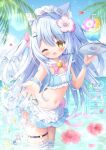  1girl animal_ear_fluff animal_ears apron bikini blue_bikini blue_hair blue_sky blush bow breasts cat_ears collar cup detached_collar flower glass hair_flower hair_ornament headdress highres holding holding_tray long_hair looking_at_viewer maid maid_bikini ocean one_eye_closed open_mouth original outdoors palm_tree sky small_breasts smile solo swimsuit thighhighs tray tree unconventional_maid water white_apron white_thighhighs wrist_cuffs yellow_eyes yuduki_pdx 