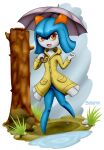  2021 3_fingers baterco blue_hair clothing coat detailed_background female fingers hair happy hi_res hollow_tree humanoid kirlia looking_at_viewer nintendo not_furry on_one_leg orange_eyes plant pok&eacute;mon pok&eacute;mon_(species) puddle raincoat shiny_pok&eacute;mon short_hair signature simple_background solo standing topwear tree tree_trunk umbrella video_games white_background 