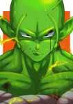  1boy antennae bald cable closed_mouth colored_skin dragon_ball dragon_ball_z fang green_skin highres male_focus no_eyebrows orange_background piccolo pointy_ears simple_background solo stktik09060906 upper_body 