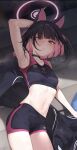  1girl alternate_costume animal_ears arm_up armpits black_choker black_hair black_jacket black_shorts black_sports_bra blue_archive cat_ears choker colored_inner_animal_ears colored_inner_hair extra_ears halo highres jacket kazusa_(blue_archive) looking_at_viewer lying multicolored_hair navel open_clothes open_jacket pink_hair pink_halo red_eyes shorts solo sports_bra sportswear sweat trinity_general_school_logo two-tone_hair unworn_jacket vegetablenabe 