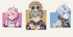  1girl 1other 2boys animal_ears animal_nose antenna_hair armor bare_shoulders black_choker black_coat black_gloves blue_background blue_eyes blue_fur blue_gemstone blue_hair blush border brown_hat bubbles_(honkai:_star_rail) caelus_(honkai:_star_rail) chimera_(honkai:_star_rail) choker clenched_hands closed_mouth clothes_down coat collarbone cyrene_(honkai:_star_rail) dress fingerless_gloves gem gloves gold_necklace hair_ribbon hands_on_own_face hands_up hat highres honkai:_star_rail honkai_(series) hood hooded_coat innertube jacket jewelry kazune0v0 lapels long_sleeves looking_at_animal looking_at_viewer looking_up multicolored_hair multiple_boys necklace open_clothes open_coat open_jacket open_mouth outside_border phainon_(honkai:_star_rail) pink_background pink_hair ribbon round_eyewear shirt shoulder_armor sidelocks simple_background sleeveless sleeveless_dress smile star_(symbol) star_print streaked_hair sun_hat sun_symbol sunglasses swim_ring t-shirt tail trailblazer_(honkai:_star_rail) two-sided_coat two-sided_fabric two-tone_fur upper_body white_border white_dress white_fur white_hair white_jacket white_ribbon white_shirt yellow-framed_eyewear yellow_background yellow_coat 