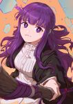  1girl absurdres black_robe blunt_bangs breasts clip_studio_paint_(medium) closed_mouth craizuss dress fern_(sousou_no_frieren) foreshortening highres holding holding_staff large_breasts long_hair long_sleeves mage_staff perspective pout purple_eyes purple_hair purple_pupils robe simple_background solo sousou_no_frieren staff straight_hair upper_body yellow_background 
