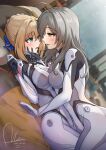  2girls absurdres artoria_pendragon_(fate) blonde_hair bodysuit breasts brown_hair cosplay dasoin fate/grand_order fate_(series) firefly_(ar-26710)_(honkai:_star_rail) firefly_(honkai:_star_rail) firefly_(honkai:_star_rail)_(cosplay) french_kiss green_eyes highres honkai:_star_rail honkai_(series) kiss large_breasts long_hair multiple_girls saber_(fate) saliva saliva_trail stelle_(honkai:_star_rail) thighs trailblazer_(honkai:_star_rail) white_bodysuit yellow_eyes yuri 
