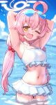  1girl absurdres ahoge armpits arms_behind_head bikini blue-tinted_eyewear blue_archive breasts eyewear_on_head fang frilled_bikini frills hair_bobbles hair_ornament halo highres hoshino_(blue_archive) hoshino_(swimsuit)_(blue_archive) huge_ahoge long_hair looking_at_viewer low_twintails navel ocean official_alternate_costume one_eye_closed open_mouth partially_submerged pink_hair pink_halo shoumoku small_breasts solo sunglasses swimsuit tinted_eyewear twintails wet white-framed_eyewear white_bikini 
