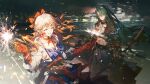  2girls arknights game_cg gloves green_hair haruka_(arknights) highres holding holding_fireworks holding_weapon horns hoshiguma_(arknights) hoshiguma_the_breacher_(arknights) long_hair min_(120716) multiple_girls night official_art orange_hair outdoors pointy_ears single_horn smile third-party_source weapon 