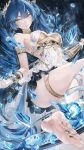  1girl absurdres armlet bare_shoulders blue_eyes blue_hair breasts character_name commentary gold_bra hair_belt head_wreath highres iuno_(wuthering_waves) jewelry long_hair looking_at_viewer medium_breasts multicolored_hair parted_lips renoahh smile solo streaked_hair twintails underboob upper_body wuthering_waves 