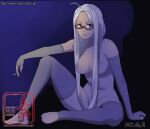  1girl ayase_seiko breasts cigarette dandadan detached_sleeves ginko_(silver_fox) glasses grey_sleeves grey_thighhighs hair_down holding holding_cigarette large_breasts long_hair mature_female nude red-framed_eyewear semi-rimless_eyewear solo thighhighs under-rim_eyewear web_address white_hair 