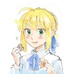  1girl ahoge artoria_pendragon_(fate) blonde_hair blue_ribbon blush_stickers breasts bun_with_braided_base commentary_request eating fate/stay_night fate_(series) food green_eyes hair_bun hair_ribbon holding holding_food kkk_irino portrait ribbon saber_(fate) single_hair_bun small_breasts solo sparkle 