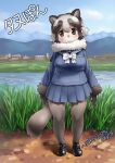  1girl animal_ears blue_sky bow bowtie brown_eyes commentary extra_ears gloves grey_hair kemono_friends looking_at_viewer nyororiso_(muyaa) outdoors pantyhose raccoon_ears raccoon_girl raccoon_tail scarf school_uniform shoes short_hair skirt sky solo tail tanuki_(kemono_friends) 