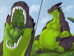 4:3 anthro anthro_pred anthro_prey belly big_belly black_horn black_pawpads bodily_fluids canid canine cheek_spikes claws dragon duo eyes_closed facial_spikes fingerpads fur green_body green_tongue grey_body grey_claws grey_fur holding_belly horn male male_pred male_prey mammal mouth_closed mouth_shot mythological_creature mythological_scalie mythology neck_spikes nude open_mouth oral_vore overweight overweight_anthro overweight_male pawpads saliva saliva_string scalie sitting size_difference solaxe_(artist) solo_focus spikes spikes_(anatomy) tongue uvula vore
