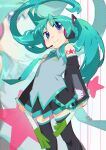  absurdres animal_print aqua_hair ben-day_dots blue_eyes cat_print cosplay hatsune_miku hatsune_miku_(cosplay) headphones highres hiiragi_kagami long_hair lucky_star miniskirt pleated_skirt puppet_art red_star screentones shoulder_tattoo skirt smile spring_onion standing star_(symbol) tattoo twintails zoom_layer 