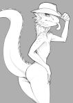  2020 agamid anthro anus bearded_dragon black_and_white blep butt clothing cowboy_hat female grey_background hand_on_hip hat hat_only headgear headgear_only headwear headwear_only lizard looking_back monochrome mostly_nude raised_tail reptile scalie simple_background sketch solo spikes tipping_hat tongue tongue_out w4g4 