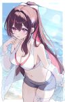  1girl :o azki_(hololive) bikini bikini_under_shorts black_hair blue_shorts colored_inner_hair commentary_request cross-laced_bikini cross-laced_clothes day double-parted_bangs front-tie_bikini_top front-tie_top hair_bun hand_up hell_fuuna highleg highleg_bikini highres hololive hololive_english jacket layered_bikini leaning_forward long_hair looking_at_viewer multicolored_hair navel ocean off_shoulder outdoors pink_bikini pink_hair ponytail purple_eyes short_shorts shorts single_side_bun solo stomach streaked_hair swimsuit thigh_strap very_long_hair virtual_youtuber white_bikini white_hair white_jacket 