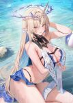  1girl adapted_costume arm_under_breasts bare_shoulders bikini black_bikini black_collar blue_eyes blush breasts collar commentary crown_of_thorns earrings fleurdelys_(wuthering_waves) floating_earrings hand_up highres horns jewelry large_breasts looking_at_viewer navel necklace outdoors paid_reward_available parted_bangs parted_lips pointy_ears ru_zhai sidelocks single_horn sitting solo stomach swimsuit tacet_mark_(wuthering_waves) thighs wet wuthering_waves yellow_horns yokozuwari 