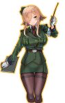  1girl absurdres bangs black_pantyhose blush breast_pocket breasts brown_eyes commentary_request cropped_legs garrison_cap gloves green_headwear green_jacket green_skirt hair_over_one_eye hat hey_taisyou highres holding jacket large_breasts light_brown_hair long_sleeves looking_at_viewer military military_uniform necktie original pantyhose parted_lips pencil_skirt pocket red_necktie riding_crop short_hair_with_long_locks skirt solo thigh_strap tilted_headwear uniform white_gloves 