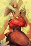 1girl ? ?? animal_ears animal_nose artist_name ass bare_shoulders black_sclera black_shorts black_sports_bra blush body_fur brown_fur colored_sclera commentary cropped_jacket dated disembodied_hand english_commentary from_behind furry furry_female hand_up high-waist_shorts highres jacket long_animal_ears long_sleeves looking_at_viewer looking_back lopunny micro_shorts off_shoulder pokemon pokemon_(creature) pov rabbit_ears rabbit_girl rabbit_tail red_eyes red_jacket short_tail shorts signature skindentation solo_focus sports_bra surprised tail thick_thighs thighs thwillartz twitter_username two-tone_fur yellow_background yellow_fur 