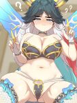  1girl ? absurdres animal_ears black_hair blue_eyes blush breasts cameltoe choker cleavage double_v extra_ears female_pubic_hair gakukuru giraffe_ears giraffe_girl giraffe_horns giraffe_tail highres horns kemono_friends kemono_friends_3 kirin_(kemono_friends) large_breasts long_hair looking_at_viewer multicolored_hair navel pubic_hair pubic_hair_peek red_hair scale_print solo tail v white_hair wings yellow_horns yellow_trim 
