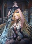  1girl absurdres armpits arms_up black_collar black_dress black_panties blonde_hair blue_eyes breasts collar commentary_request crown_of_thorns dress fleurdelys_(wuthering_waves) highres holding holding_sword holding_weapon horns huge_breasts indoors jewelry korean_commentary long_hair looking_down luya_(luyachan) necklace panties parted_lips partial_commentary pointy_ears sad single_horn sitting solo sword tacet_mark_(wuthering_waves) tears thighs underwear very_long_hair weapon wuthering_waves yellow_horns 
